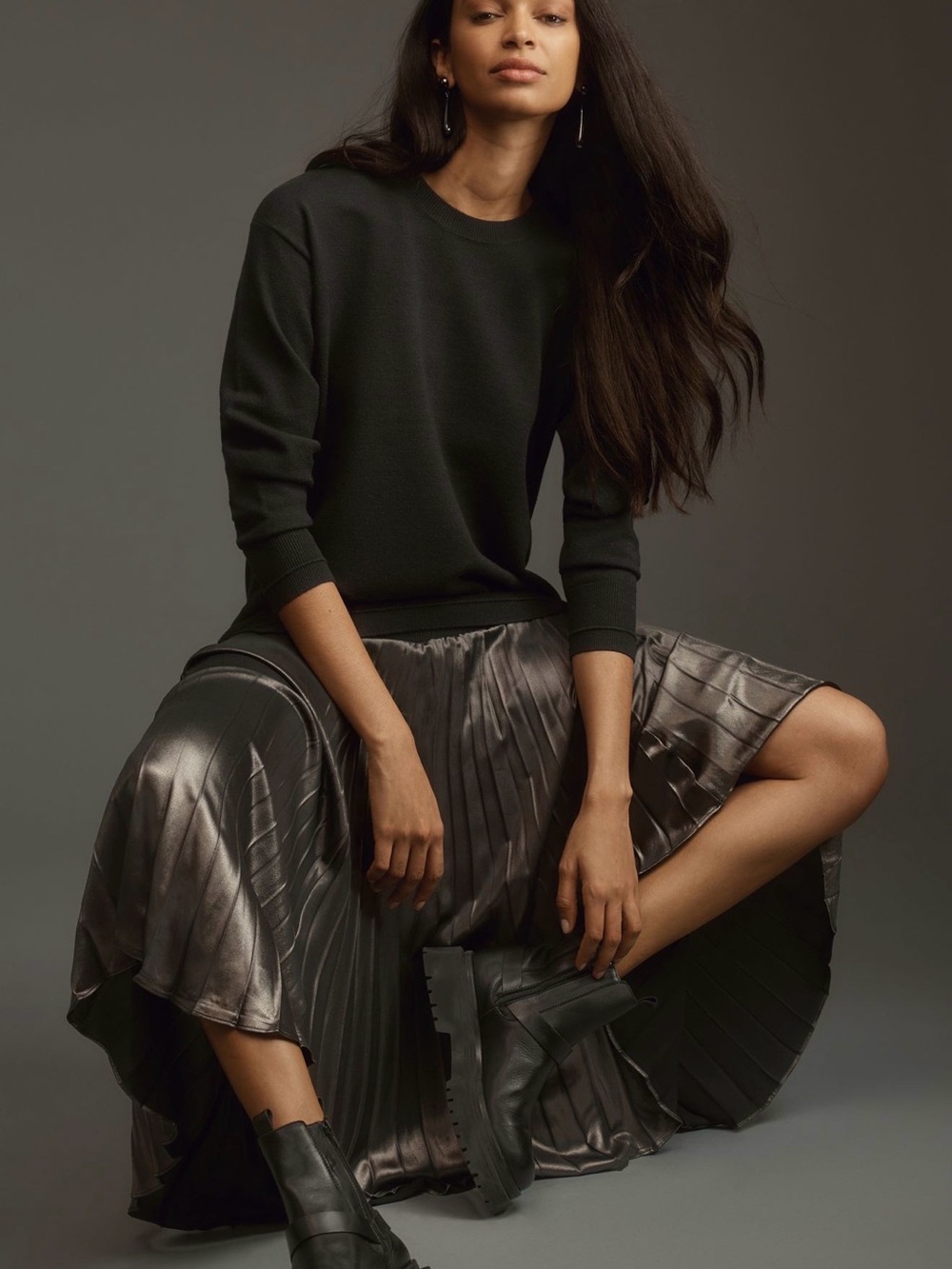 Anthropologie Long-Sleeve Pleated Twofer Sweater Midi Dress